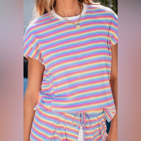 2 PC Outfit Pink Striped Rainbow Tee and Tasseled String Wide Leg Pants Set NWT - Picture 3 of 6